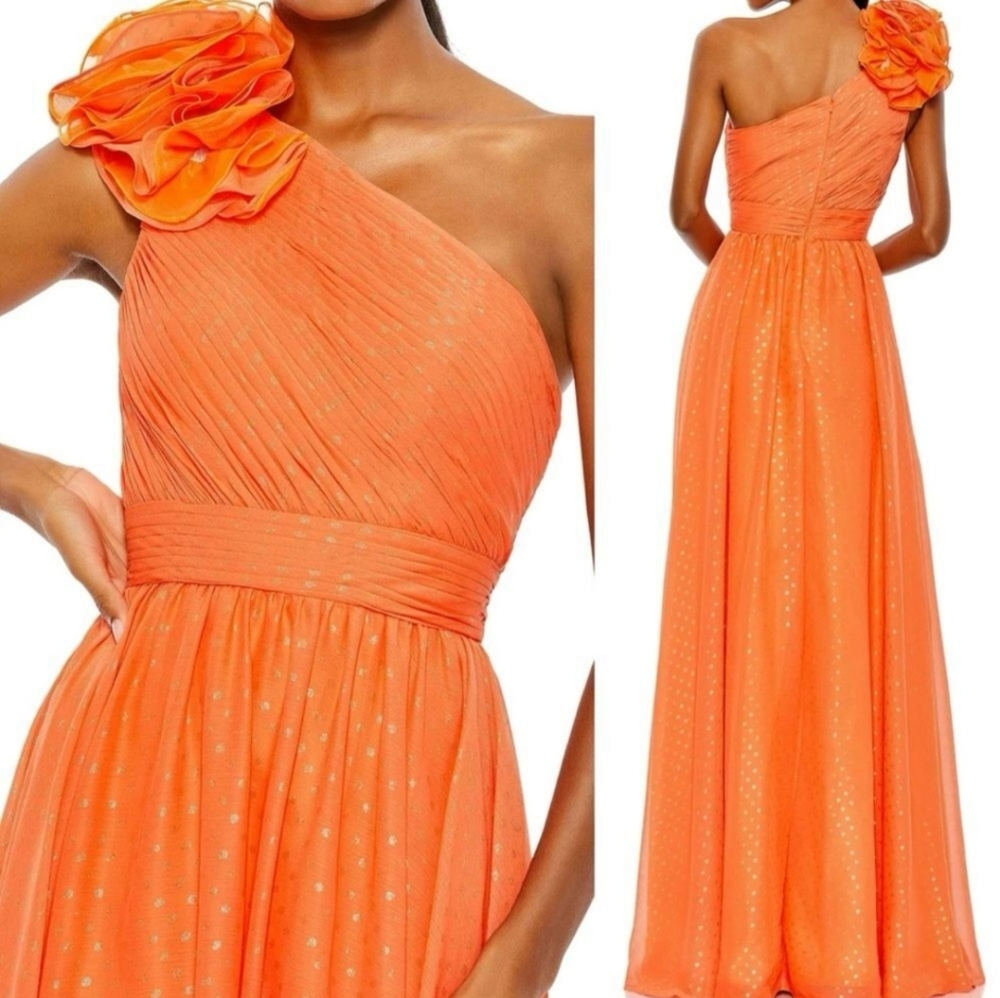 Mac Duggal One-Shoulder Orange Evening Gown with Floral Shoulder Detail